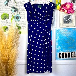 Lauren Ralph Lauren midi dress white, blue polkadot bodycon sleeveless sz. 4